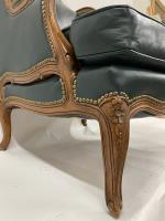 PAIR CARVED GREEN LEATHER CLUB CHAIRS by 